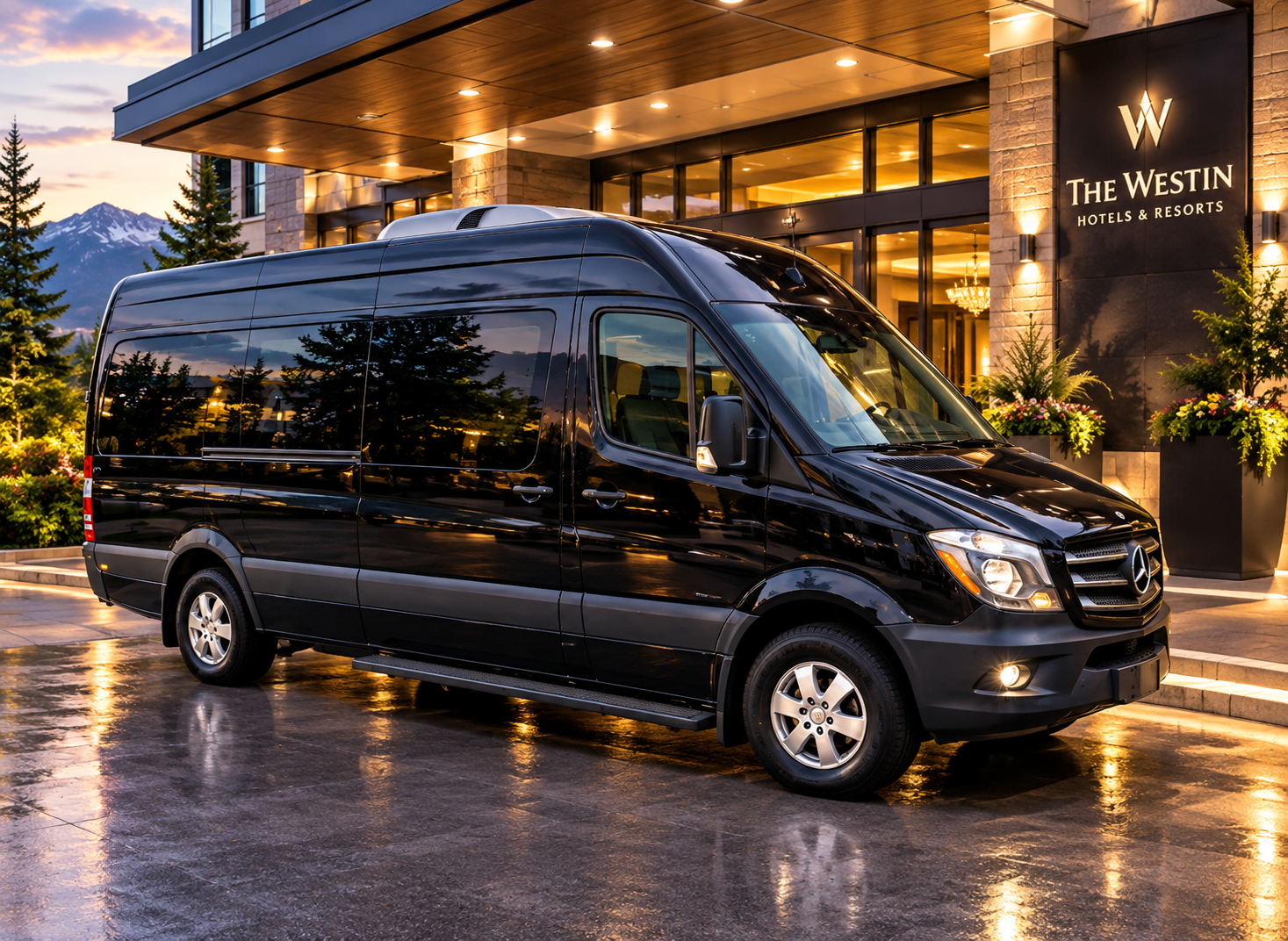 Mercedes Sprinter luxury van exterior — hotel entrance