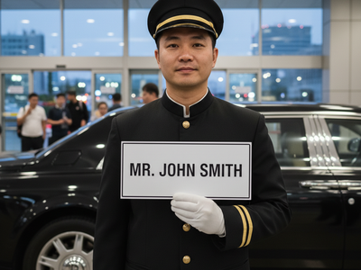 Chauffeur holding a name sign at airport arrivals